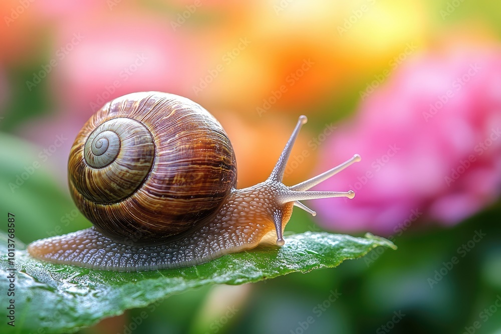 Macro shot of a snail's body gliding over a leaf, its slime sparkling like liquid crystals, with blurred flowers in the distance Macro shot of a snail's body gliding over a leaf, its slime sparkling like liquid crystals, with blurred flowers in the distance