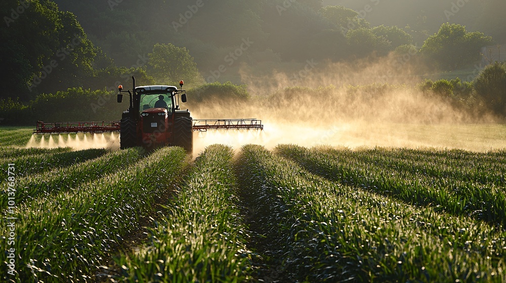 Naklejka premium Tractor Spraying Pesticides Over Field at Sunrise