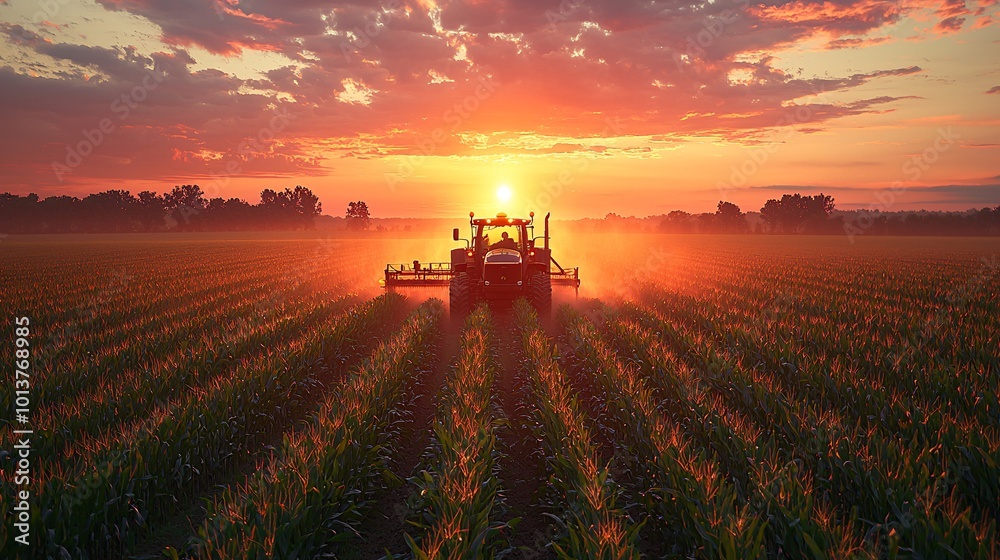 Tractor Spraying Pesticides at Sunset on Farm Field Tractor Spraying Pesticides at Sunset on Farm Field