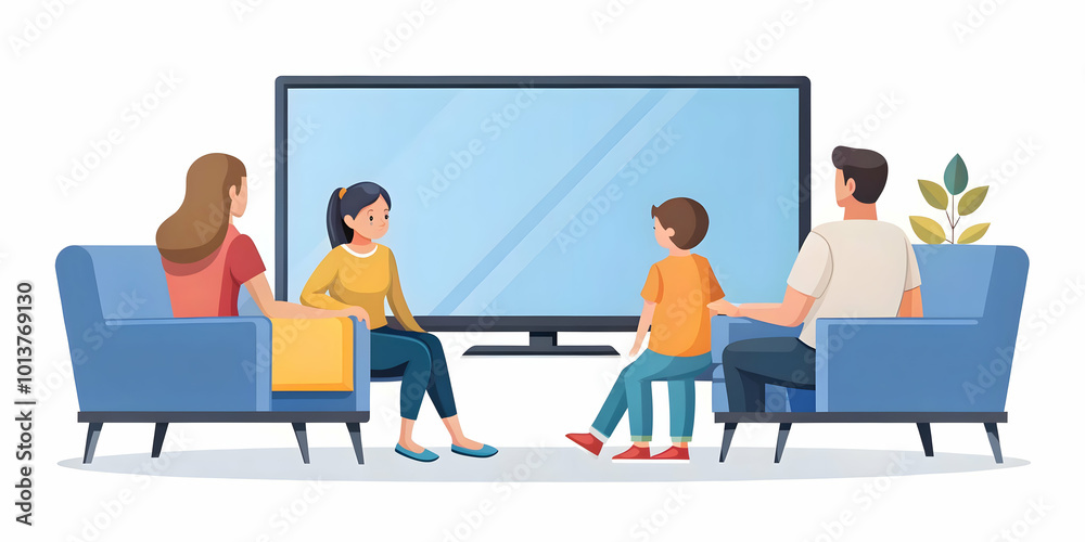 Flat Vector Illustration of a Candid Family Excitedly Exploring Cyber Monday Deals on a Smart TV, Capturing Family Moments and Modern Shopping Joy Flat Vector Illustration of a Candid Family Excitedly Exploring Cyber Monday Deals on a Smart TV, Capturing Family Moments and Modern Shopping Joy