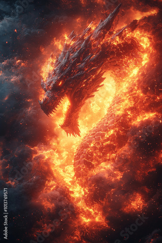 ancient red dragon twists through a fiery hellscape, its body aglow with molten fury