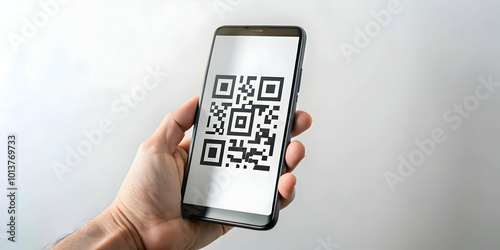 Minimalist Close-Up of Hand Scanning QR Code with Smartphone for Cyber Monday Purchases on Plain Background - Digital Transaction Concept