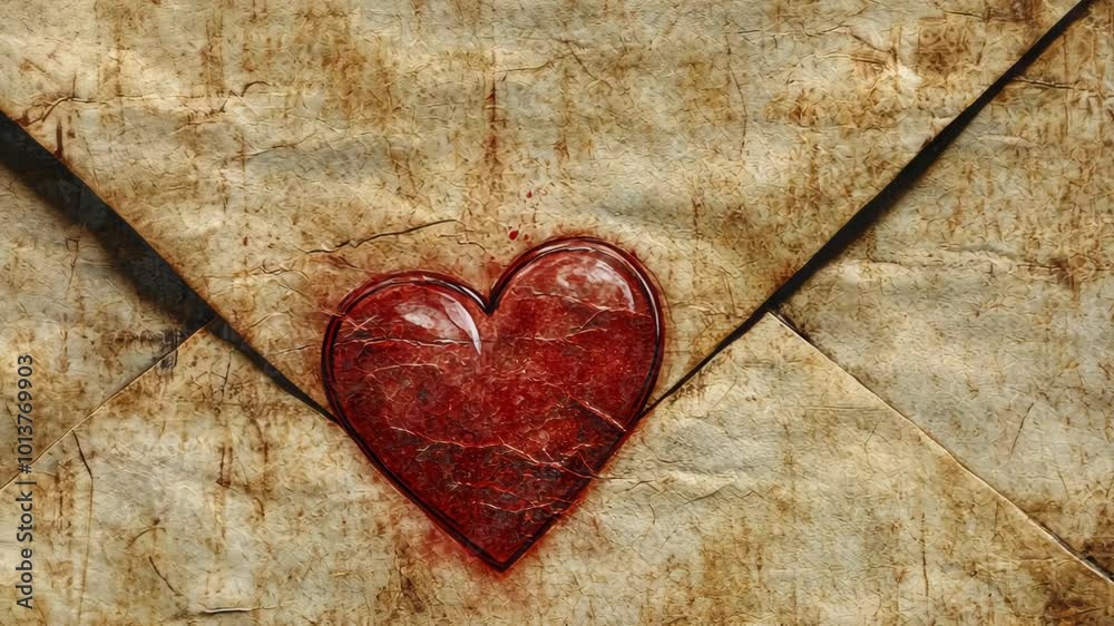A red heart wax seal is imprinted on a vintage envelope A red heart wax seal is imprinted on a vintage envelope
