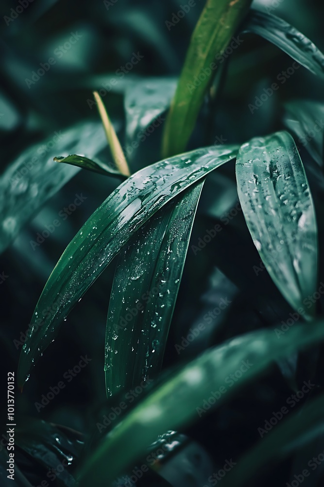 Obraz premium Close up of lush green leaves with raindrops