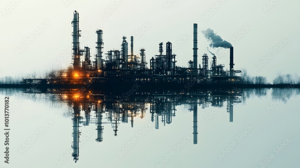 Future factory plant and energy industry concept, depicting the next generation of power and energy business with a double exposure design of oil, gas, and petrochemical refinery elements Future factory plant and energy industry concept, depicting the next generation of power and energy business with a double exposure design of oil, gas, and petrochemical refinery elements