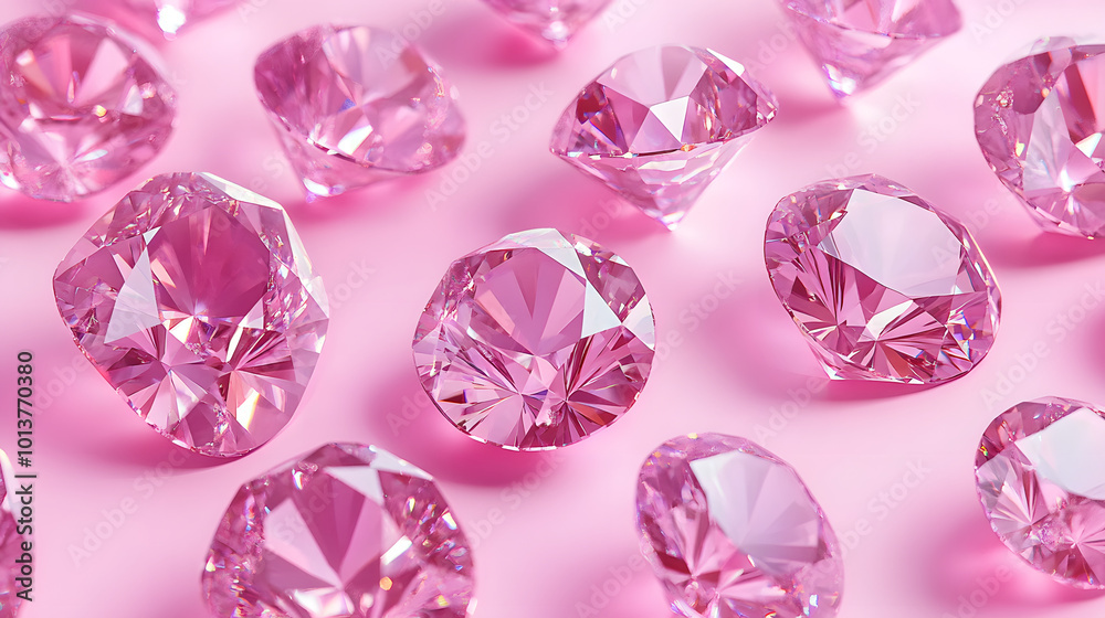 Fototapeta premium A collection of pink diamonds on a pink backdrop featuring numerous pink diamonds