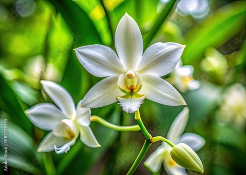 Stunning Close-Up of Pecteilis Radiata Orchid Featuring Delicate White Petals and Green Leaves photo