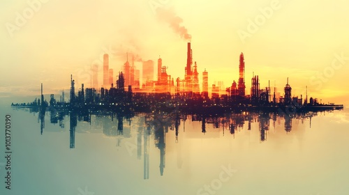 Future factory plant and energy industry concept, depicting the next generation of power and energy business with a double exposure design of oil, gas, and petrochemical refinery elements