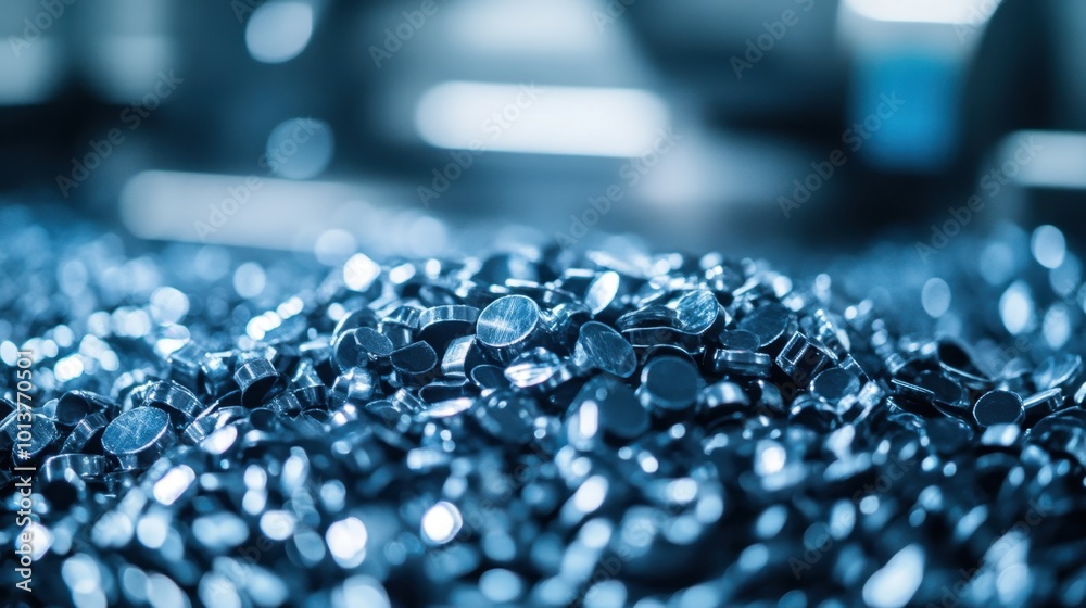 Close-up of cobalt and nickel materials ready for battery production, with blurred processing machines in the background Close-up of cobalt and nickel materials ready for battery production, with blurred processing machines in the background