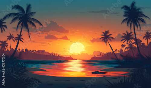 Tropical Sunset Over a Serene Beach Landscape with Palm Trees