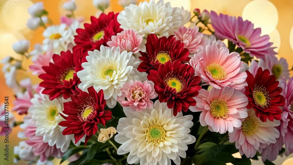A bouquet of red, white, and pink gerbera daisies with green foliage in a blurry, golden background A bouquet of red, white, and pink gerbera daisies with green foliage in a blurry, golden background