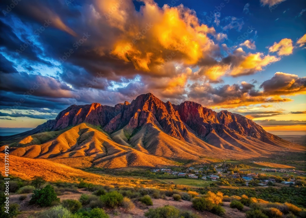 Fototapeta premium The majestic Franklin Mountains glow at sunset, showcasing vibrant skies and dramatic, rugged terrain in a stunning landscape that captivates the soul.