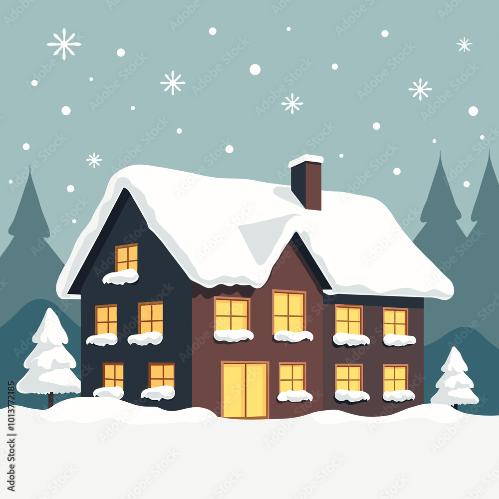 Naklejka premium Snow-covered hotel building in a winter setting with pine trees