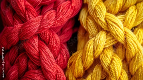 Close-up of a rough, red and yellow rope, twisted and knotted