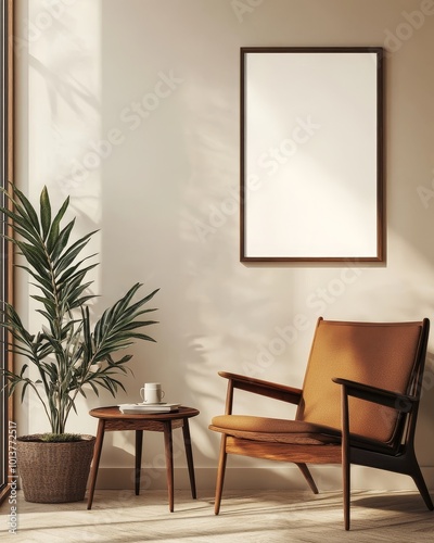 A cozy corner featuring a mid-century chair, small table with a potted plant, and empty frame in soft daylight ambiance.