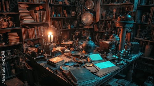 Cluttered Scholar's Desk with Ancient Texts and Artifacts