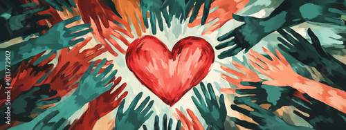 Abstract illustration of various hands forming with all hands a heart. The design conveys unity, community support or group collaboration 
