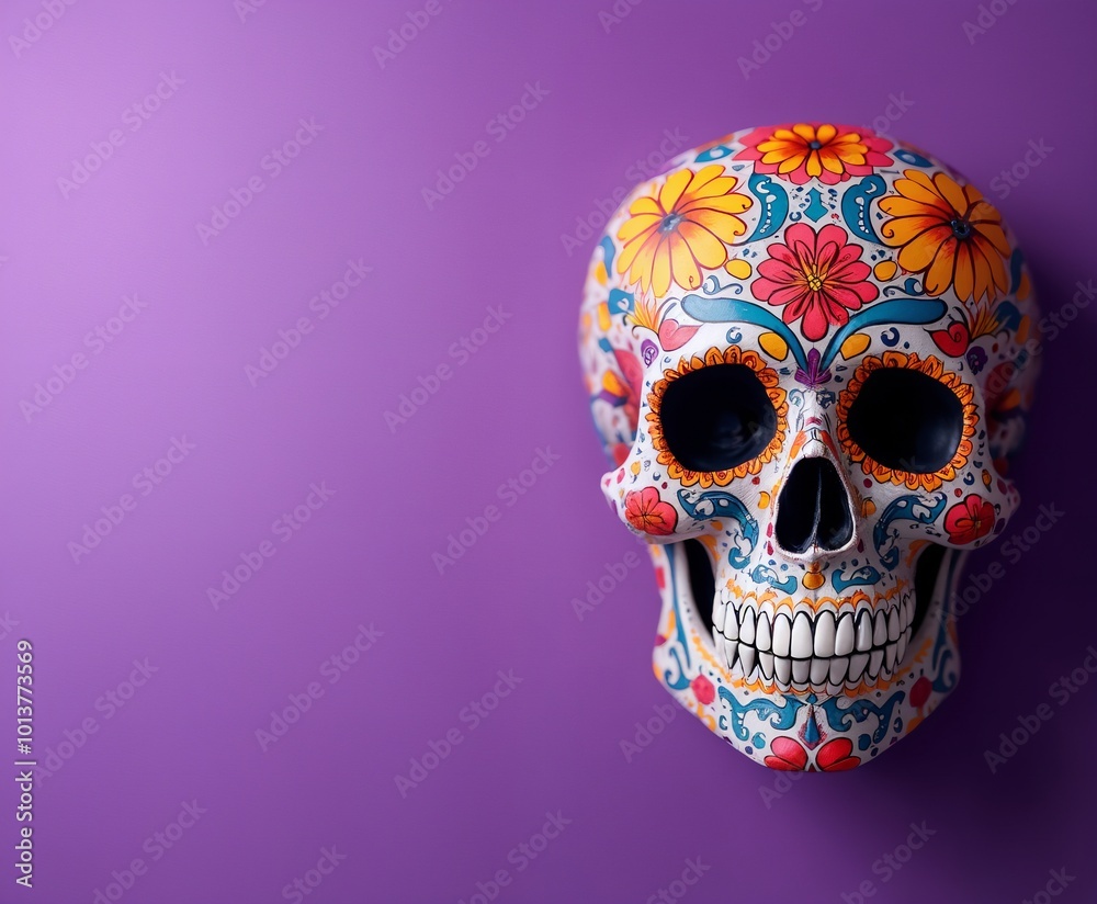 Day of the Dead Día de los Muertos Skull Purple Background Copyspace Mexican Heritage Cultural Expression Day of the Dead Día de los Muertos Skull Purple Background Copyspace Mexican Heritage Cultural Expression