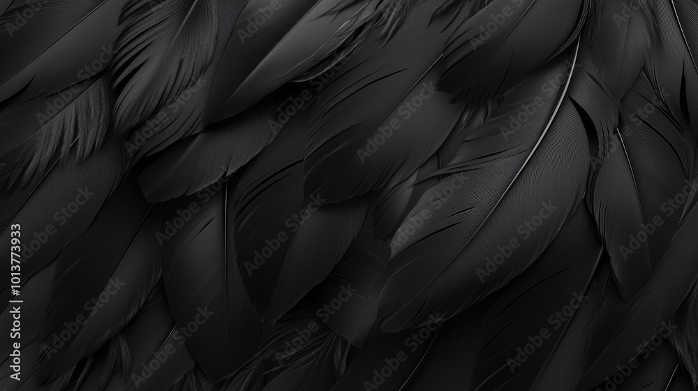 Obraz premium Abstract background consisting of black feathers. The texture and details of the feather create a voluminous and mysterious image, associated with something mysterious and elegant.