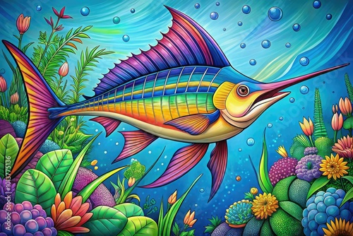 Unleash your creativity with this vibrant swordfish coloring page, designed for relaxation and artistry. Immerse yourself in the vibrant world of marine life today! photo