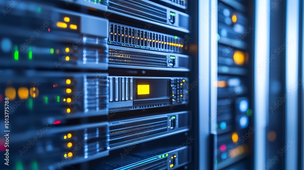 Server cabinet in a data center with bright indicators on the equipment. The frame clearly shows the servers that are located in the rack, surrounded by status lights. Server cabinet in a data center with bright indicators on the equipment. The frame clearly shows the servers that are located in the rack, surrounded by status lights.