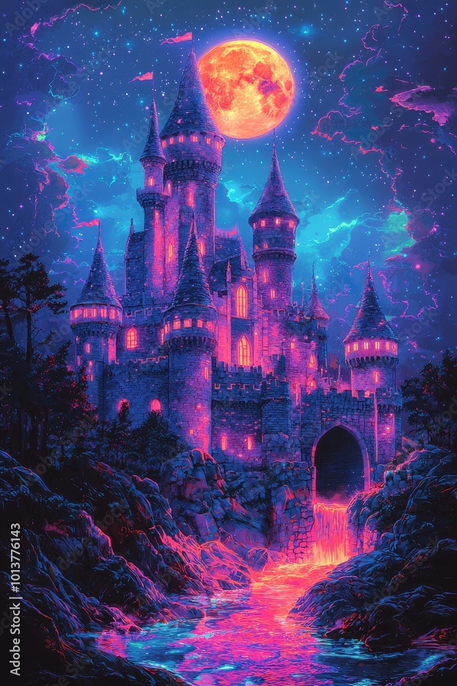 Obraz premium An illustration of an ancient castle from which a bright liquid flows out