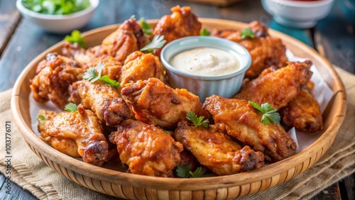 Close-up of crispy fried chicken wings with ranch dressing on a wooden plate.