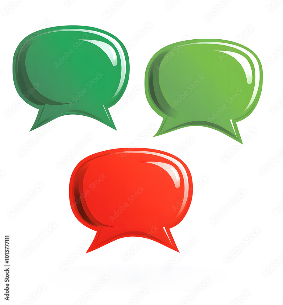 A white background design, and two red and one green speech bubbles were created using vector graphics in a flat design style. The shapes are simple, with no shadows in the design A white background design, and two red and one green speech bubbles were created using vector graphics in a flat design style. The shapes are simple, with no shadows in the design