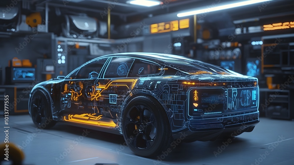 Futuristic EV technology concept with a virtual touch interface, set against a blurred auto repair garage Futuristic EV technology concept with a virtual touch interface, set against a blurred auto repair garage