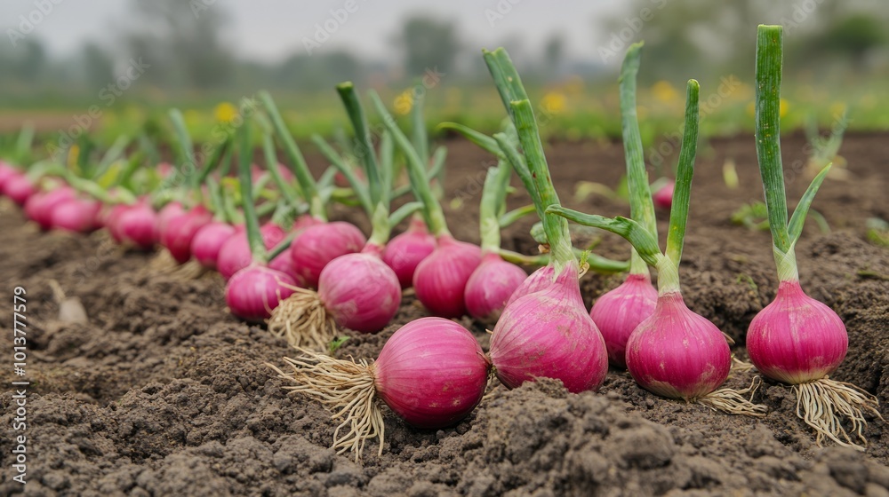 A row of red onions planted in rich, dark soil. The onions are growing in a field with green grass and yellow flowers in the background. A row of red onions planted in rich, dark soil. The onions are growing in a field with green grass and yellow flowers in the background.