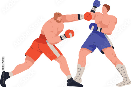 Boxing Match Power Punch. Competitive boxing match between two fighters delivering powerful punches, representing the intensity of the sport photo