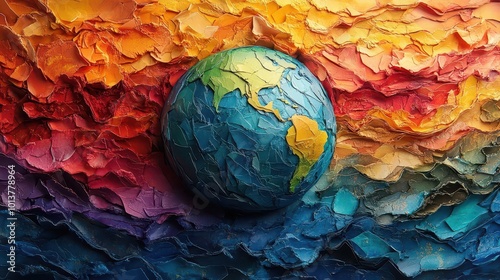 colorful collage of a globe made from paper cutouts symbolizing humanity and ecofriendliness with vibrant textures and patterns that evoke a sense of creativity and community photo