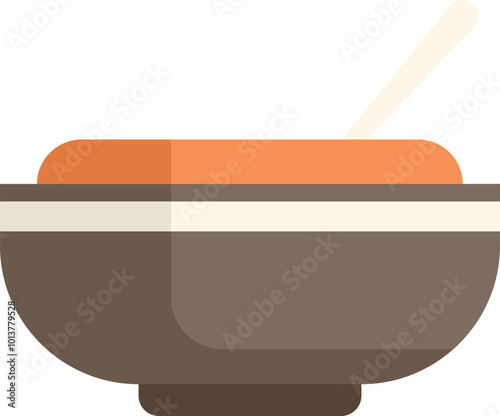 Brown bowl holding orange soup with a white spoon resting on top