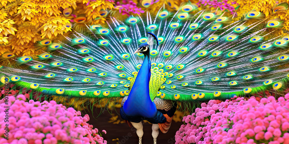 Obraz premium A regal peacock displaying its iridescent blue and green tail feathers amidst a garden of vibrant pink and yellow flowers.