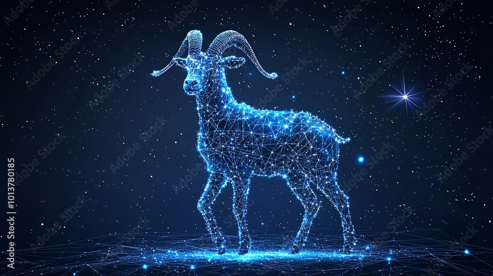 A digital wireframe of a goat stands out against a star-laden cosmos, representing the intersection of human imagination, technology, and nature. A digital wireframe of a goat stands out against a star-laden cosmos, representing the intersection of human imagination, technology, and nature.