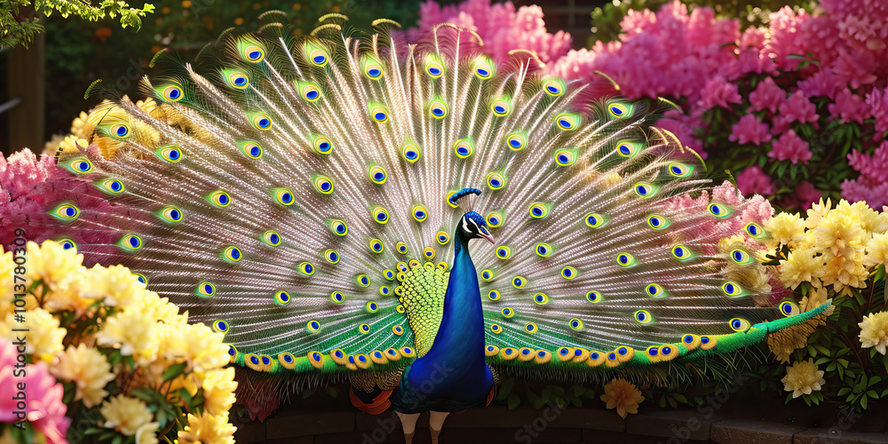 Obraz premium A regal peacock displaying its iridescent blue and green tail feathers amidst a garden of vibrant pink and yellow flowers.