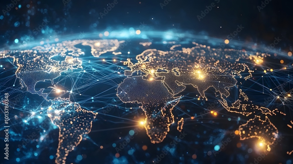 Global Network Connection Visualized Through A World Map With Point And 