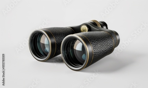 Pair of vintage binoculars, white background, 4K hyperrealistic photo