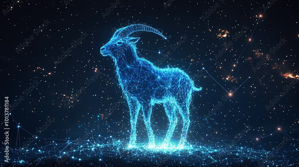 This digital artwork captures a majestic goat outlined in bright blue lines amidst a starry backdrop, symbolizing the harmonious blend of nature and technology. This digital artwork captures a majestic goat outlined in bright blue lines amidst a starry backdrop, symbolizing the harmonious blend of nature and technology.