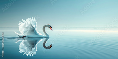 Fototapeta Naklejka Na Ścianę i Meble -  A graceful swan gliding across a calm lake, its pure white feathers reflecting the cool blue of the water.
