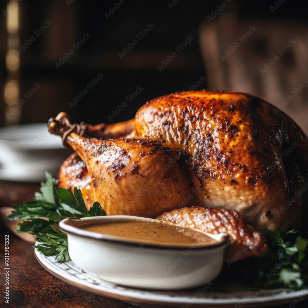 A roasted turkey ready to be served with a boat of smooth, rich gravy on the side. A roasted turkey ready to be served with a boat of smooth, rich gravy on the side.