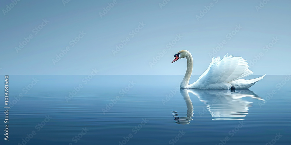 Obraz premium A graceful swan gliding across a calm lake, its pure white feathers reflecting the cool blue of the water.