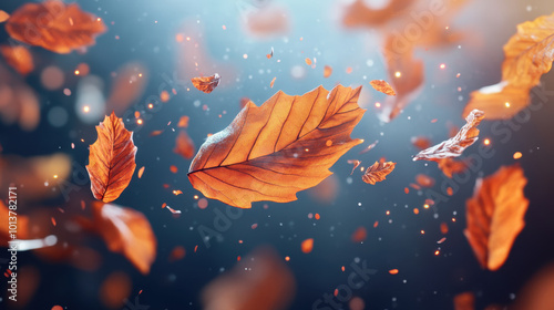 Falling autumn leaves in vivid hues create mesmerizing scene, capturing essence of season. dynamic movement and rich colors evoke sense of tranquility and beauty