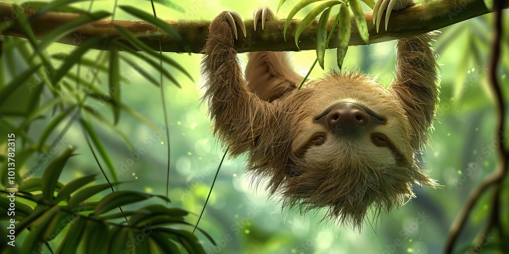 Fototapeta premium A sleepy sloth hanging upside down from a branch, its fur blending into the verdant green forest canopy.