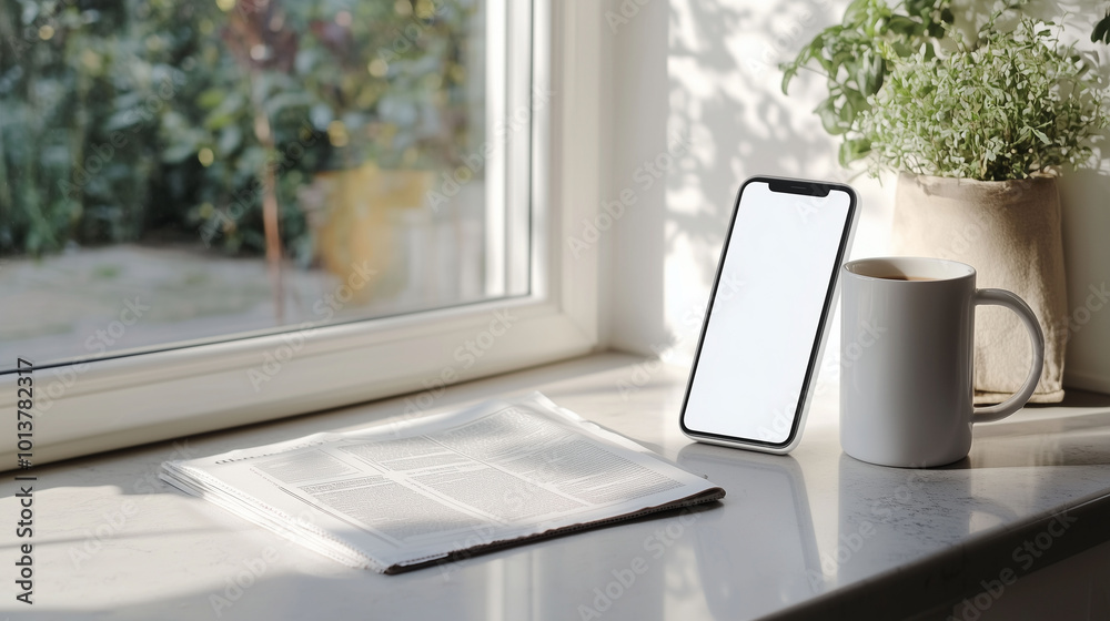 A mobile phone on a kitchen countertop next to a coffee mug and newspaper. The blank white screen contrasts with the bright morning light shining through a window, creating a homely, relaxed vibe