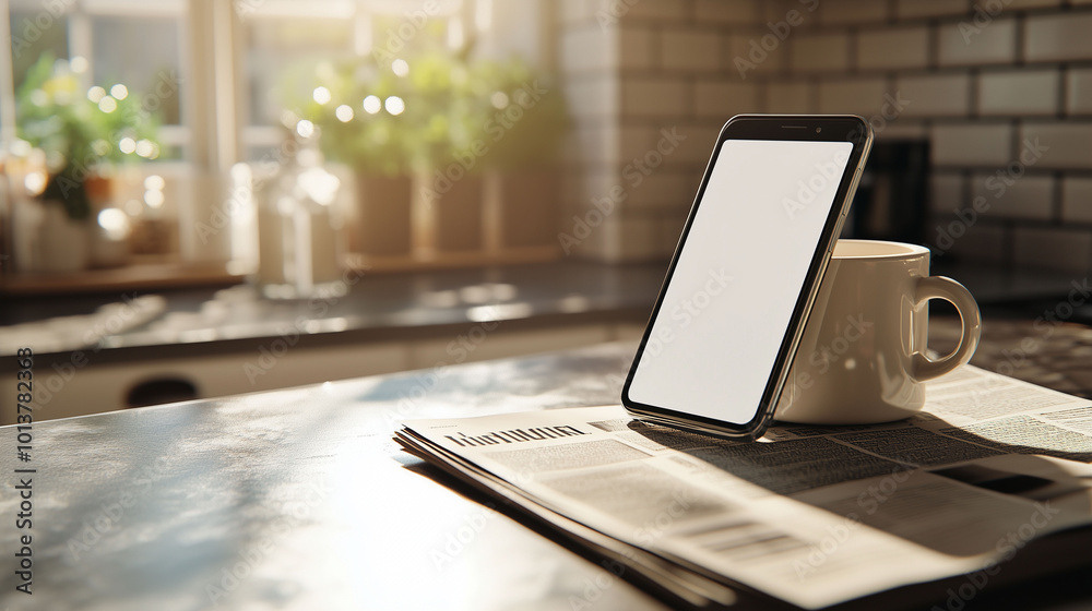 A mobile phone on a kitchen countertop next to a coffee mug and newspaper. The blank white screen contrasts with the bright morning light shining through a window, creating a homely, relaxed vibe