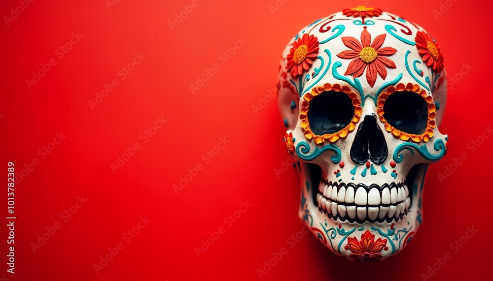 Day of the Dead Día de los Muertos Skull Red Background Copyspace Festive Mexican Tradition Artistic Display
