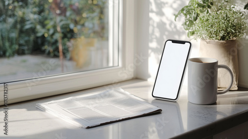 Obraz na płótnie A mobile phone on a kitchen countertop next to a coffee mug and newspaper. The blank white screen contrasts with the bright morning light shining through a window, creating a homely, relaxed vibe w salonie