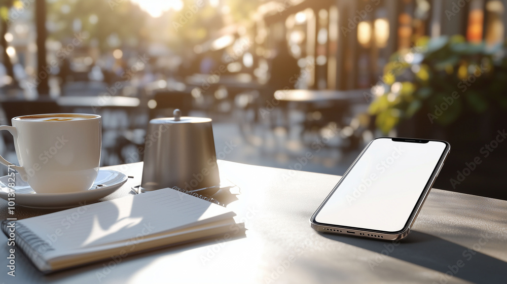 A mobile phone lying on a table at an outdoor cafe, its white screen reflecting sunlight, with coffee cups and a notebook nearby. The background is blurred, showing city activity in a warm