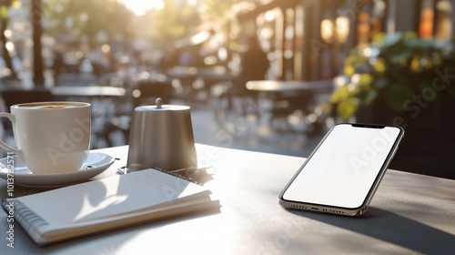 Obraz na płótnie A mobile phone lying on a table at an outdoor cafe, its white screen reflecting sunlight, with coffee cups and a notebook nearby. The background is blurred, showing city activity in a warm w salonie